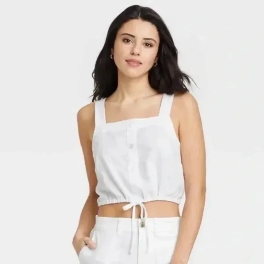NWT | white linen cropped tie front tank top - Picture 1 of 3